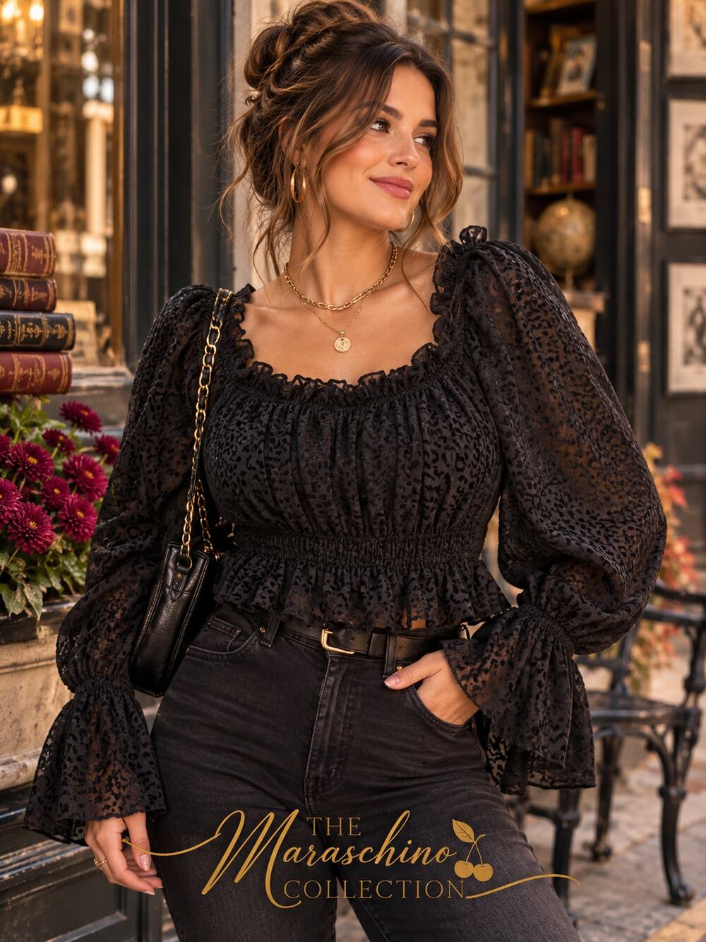 Charmed Hearts Black Leopard Burnout Crop Blouse XXL Puff Sleeve Whimsigoth